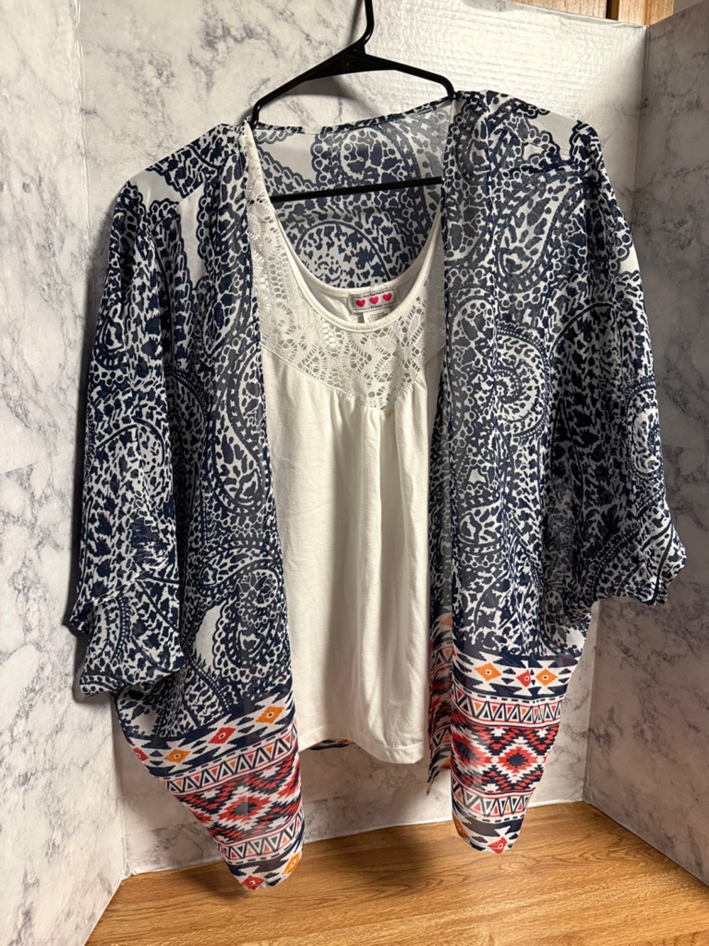 Navy & White Paisley Kimono with Aztec Trim
